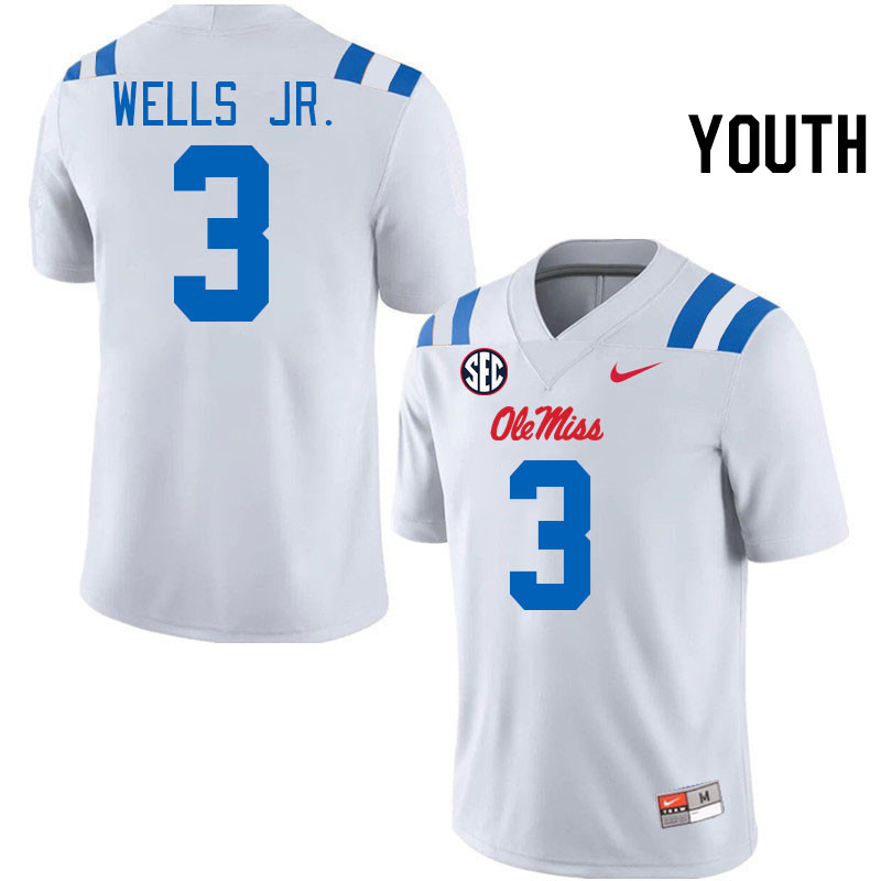 Youth #3 Antwane Wells Jr. Ole Miss Rebels 2024 New Uniforms College Football Jerseys Stitched-White